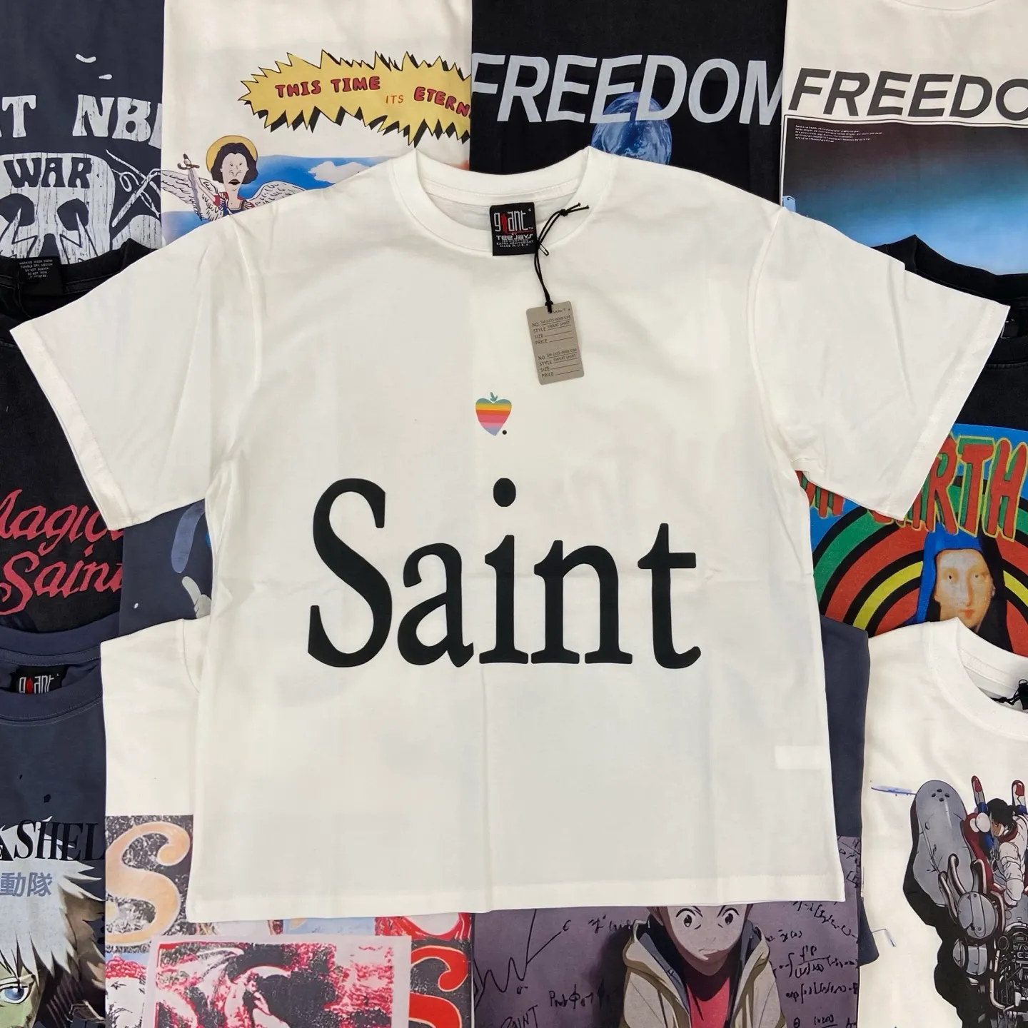 Saint Michael series of new American retro washed and distressed niche printed pure cotton loose short-sleeved T-shirts with digital white ink direct injection, breathable fabrics and three-dimensional and clear patterns. Fabric: Double yarn 240g Size: S-M-L-XL
